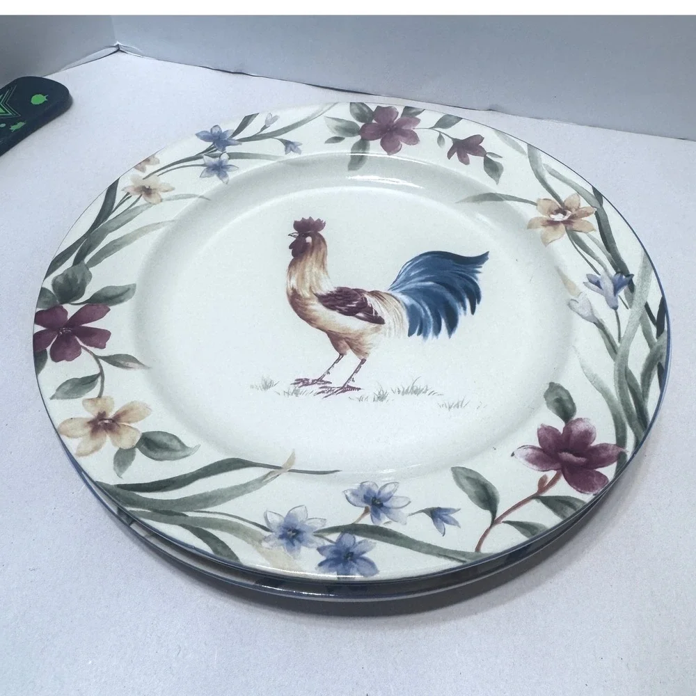 Coventry Spring Rooster Salad Plates Set of 3 Stoneware Farmhouse Floral 8